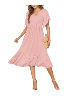 Women's Short Sleeve V-Neck Empire Waist Midi Sundress Casual Flowy Tiered